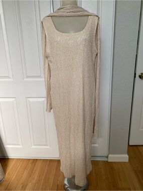 Beaded Cream Long-Sleeve Midi Dress with Scarf